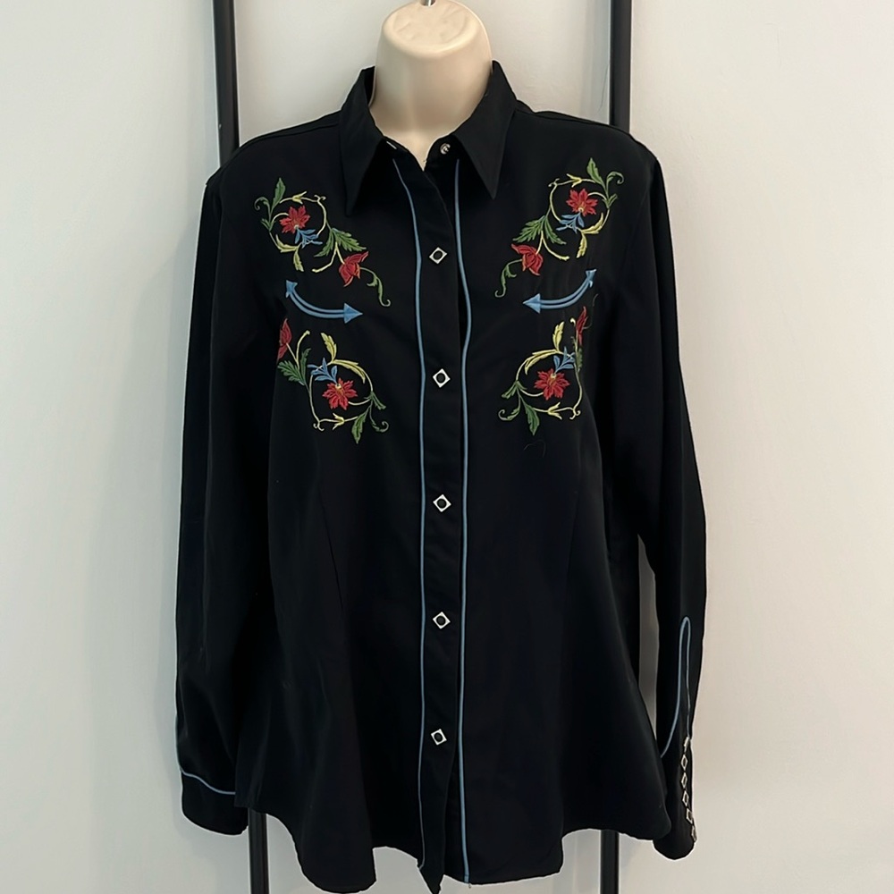 Roper Western Black Snap Shirt Embroidered Women XL Vintage Cowboy Top